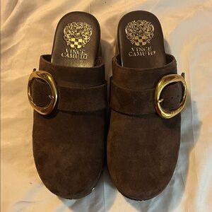 Vince Camuto Dark Brown Suede Clogs with Gold Accent